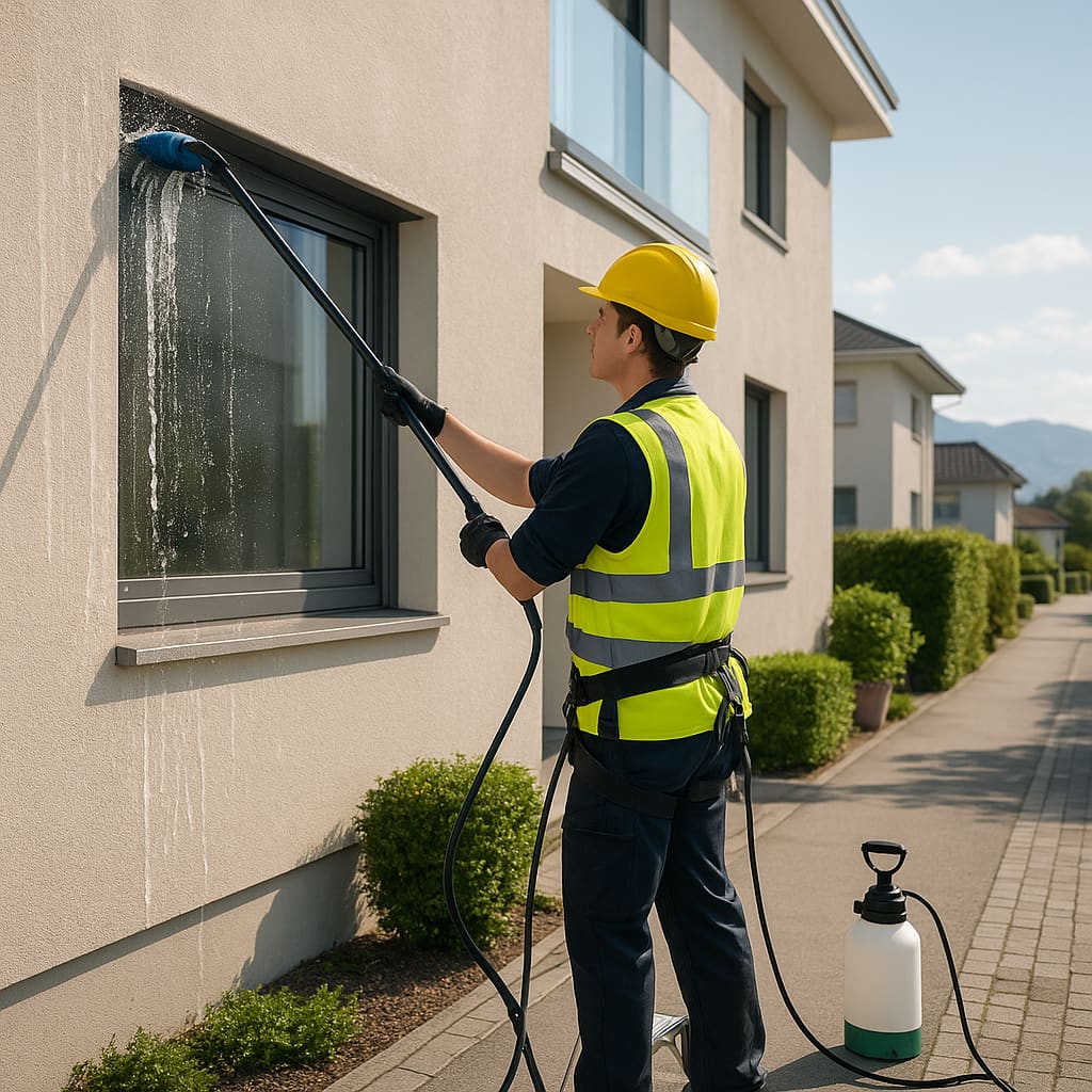Professionelle Fassadenreinigung an einem Wohngebäude